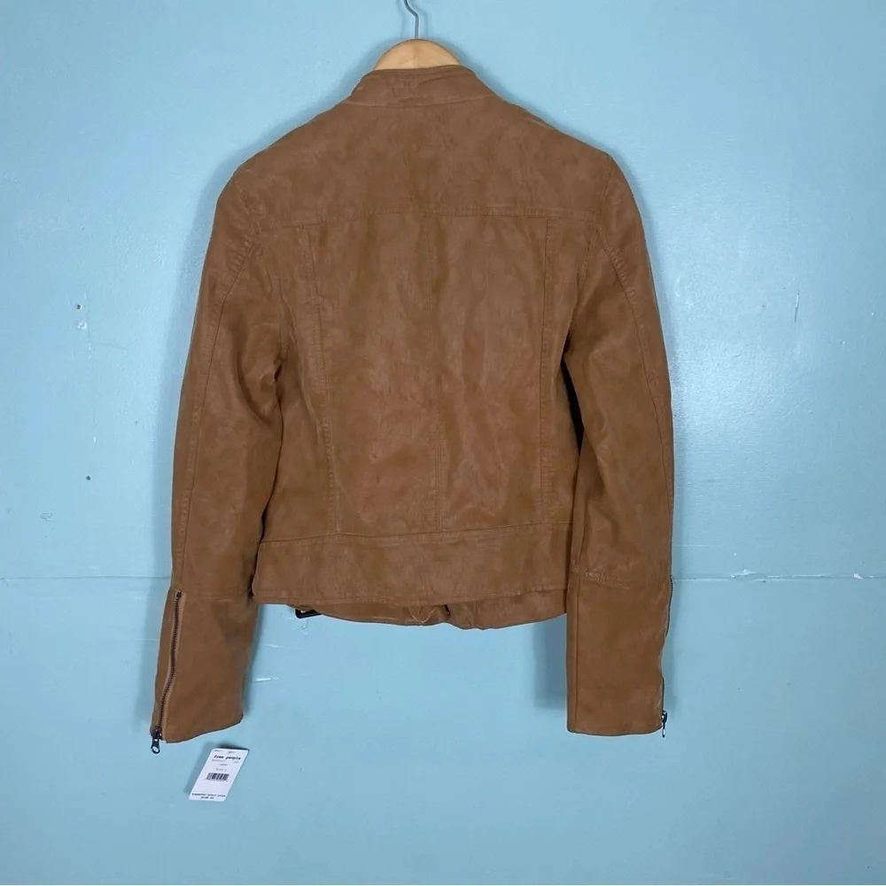 Free‎ People Fenix Vegan Moto Jacket Tan Camel Faux Leather Sz L
